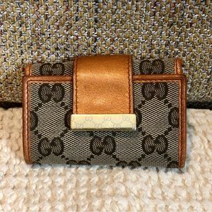 GUCCI GG Monogram Canvas Burned Orange Leather Trifold Key Holder Card Holder